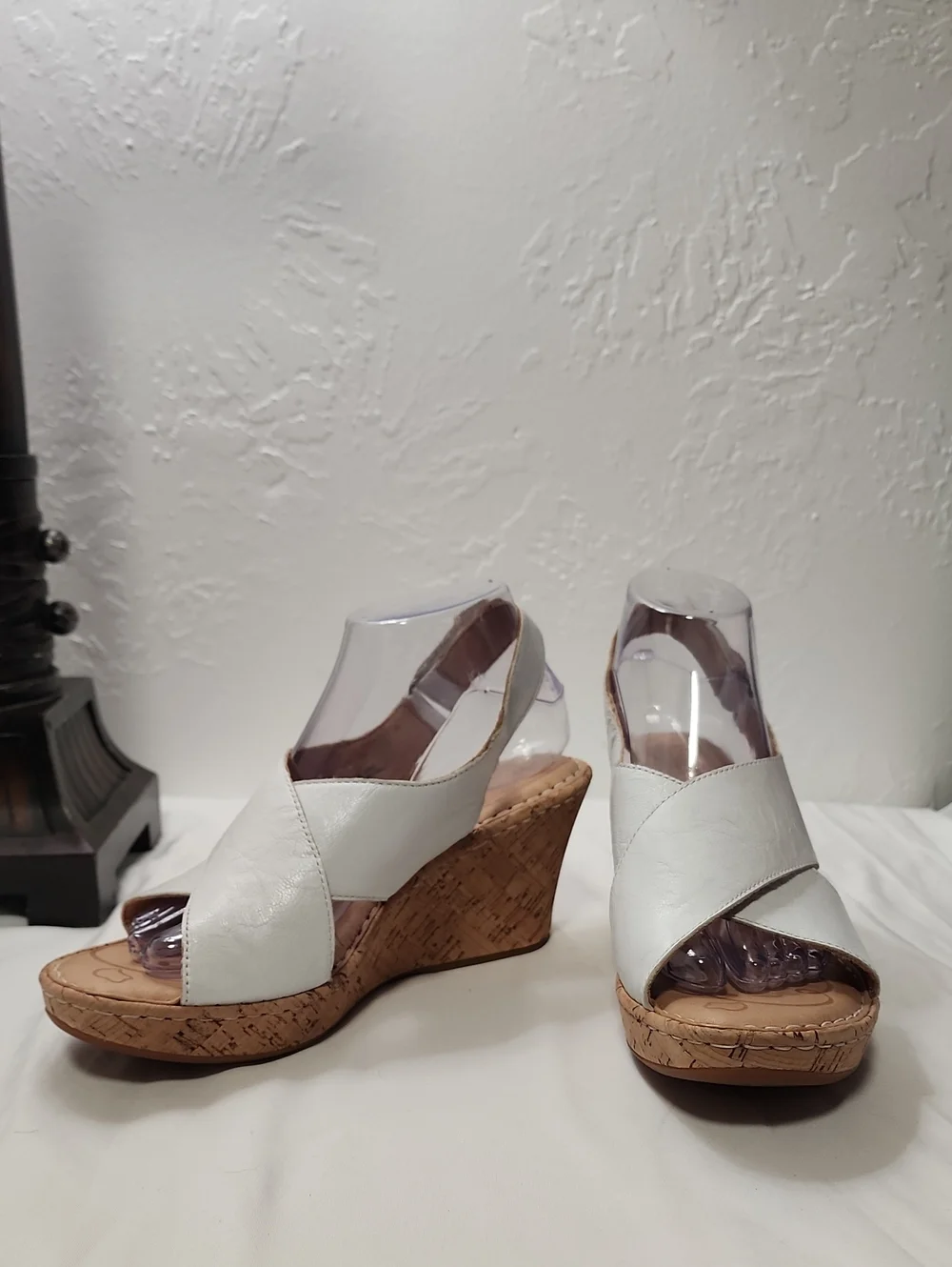 Born White Leather Cork Wedge Sandals with Crisscross Straps